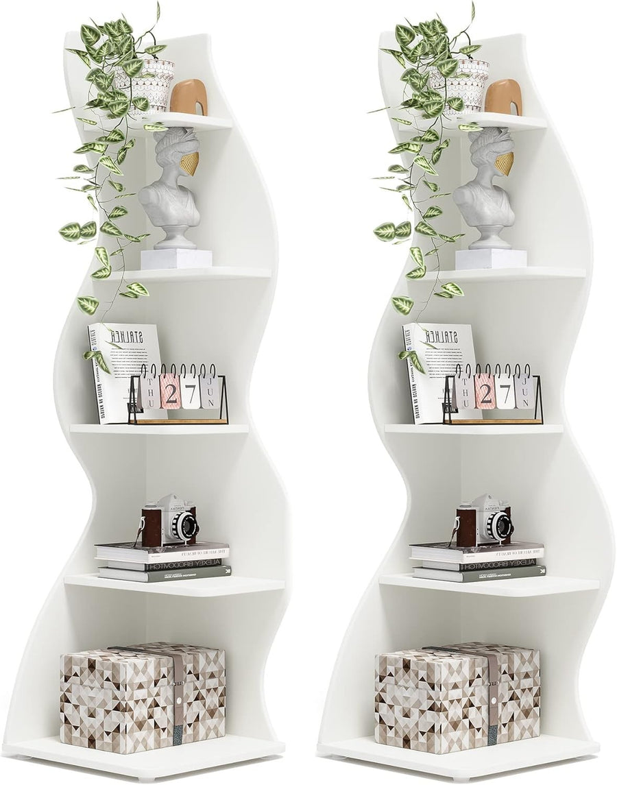 2PC Modern 5-Tier Wave Corner Bookshelf Set – Stylish Wall Display Shelves White