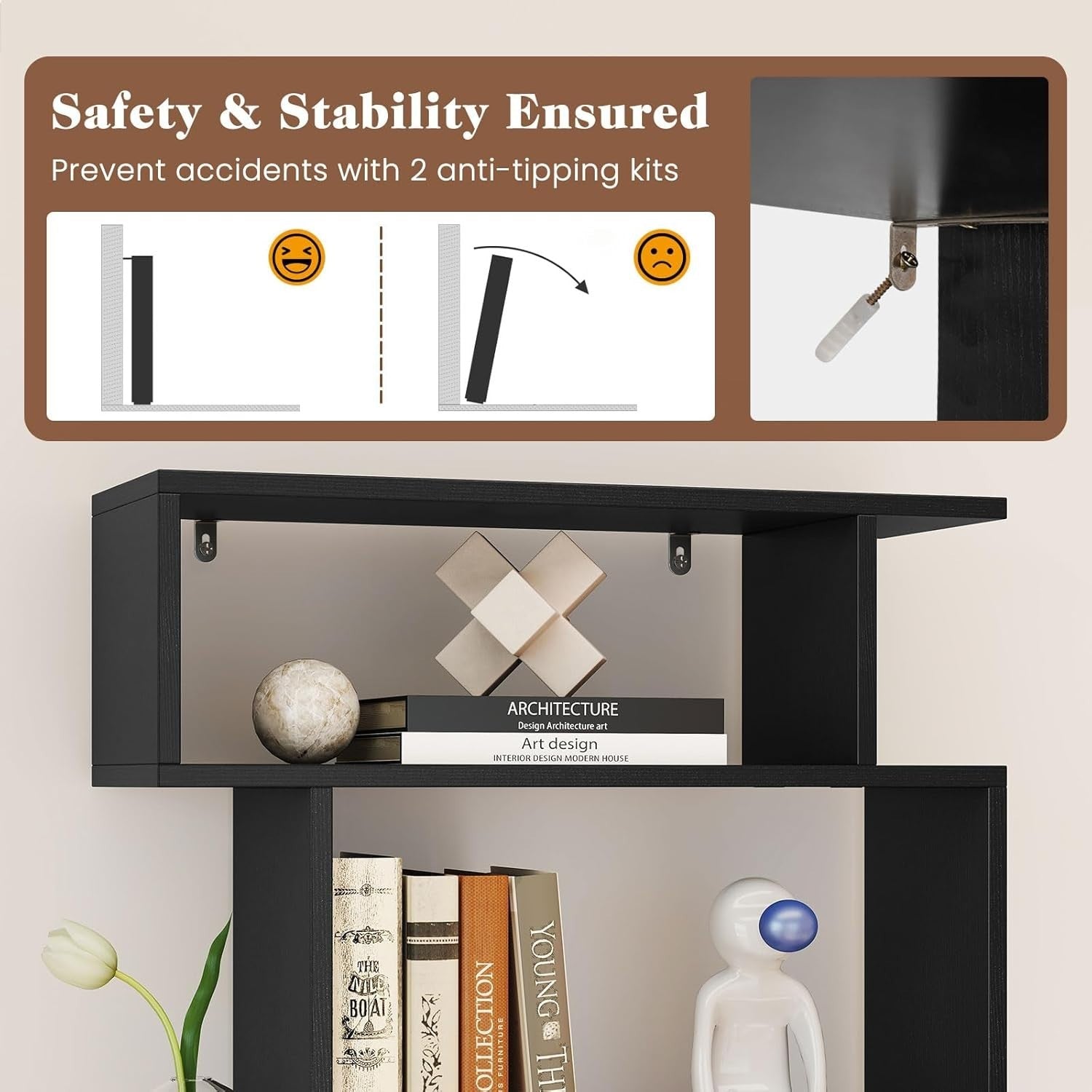 6-Tier S-Shaped Bookshelf Ladder Shelf Black 163x60x20cm with Anti-Tip Kits
