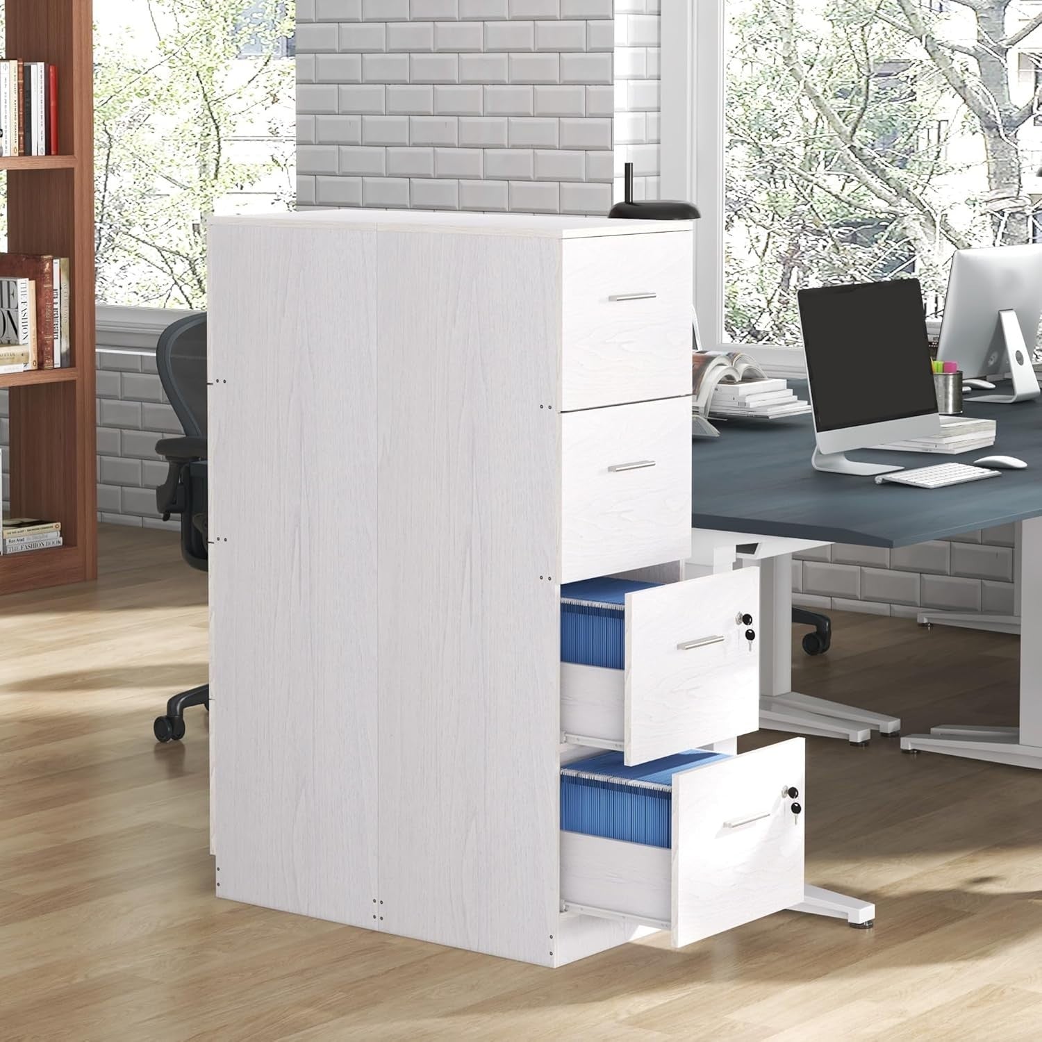 4 Drawer Vertical Filing Cabinet with Lock Office Storage White Wood Effect
