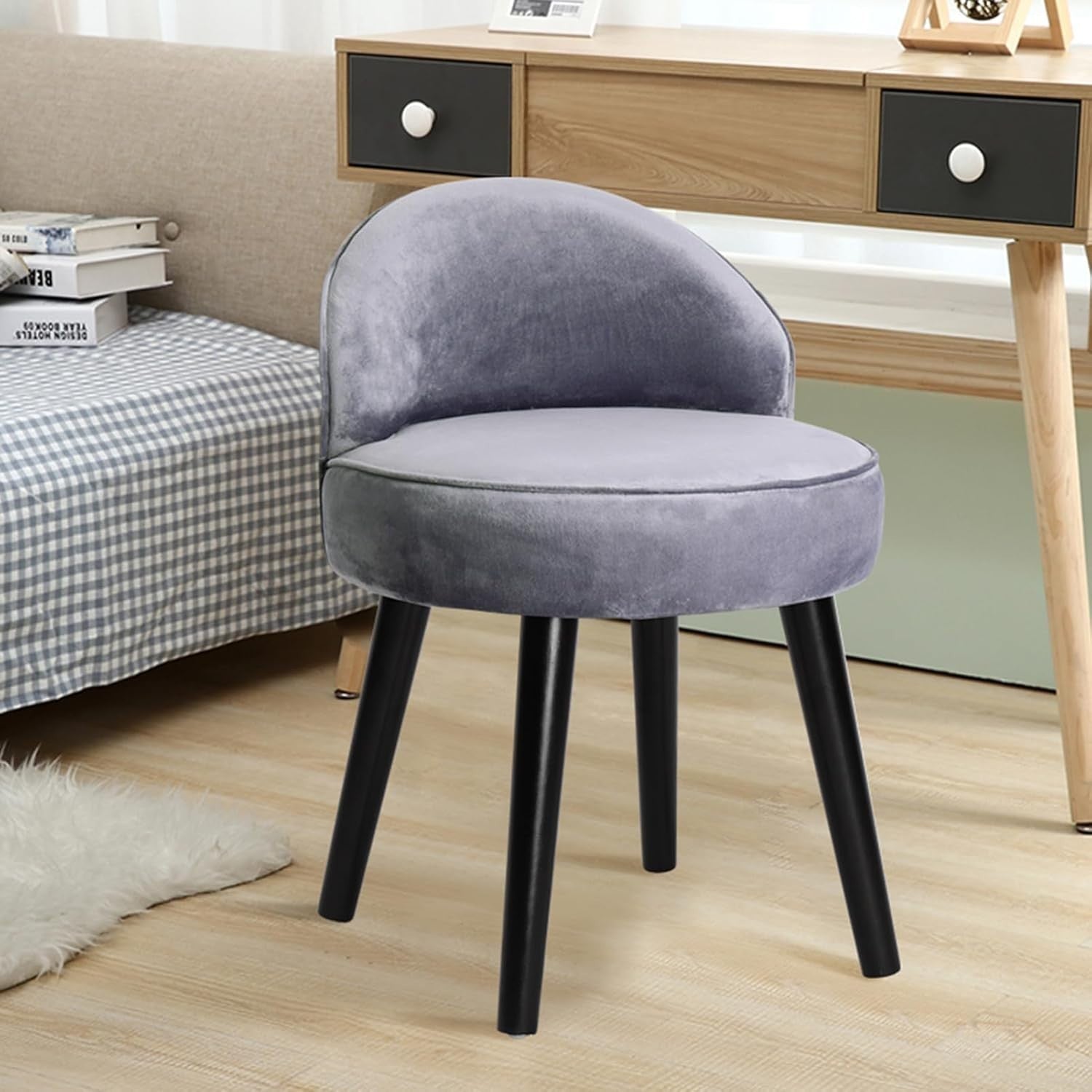 Grey Velvet Dressing Table Stool with Low Back – Soft Padded Vanity Chair
