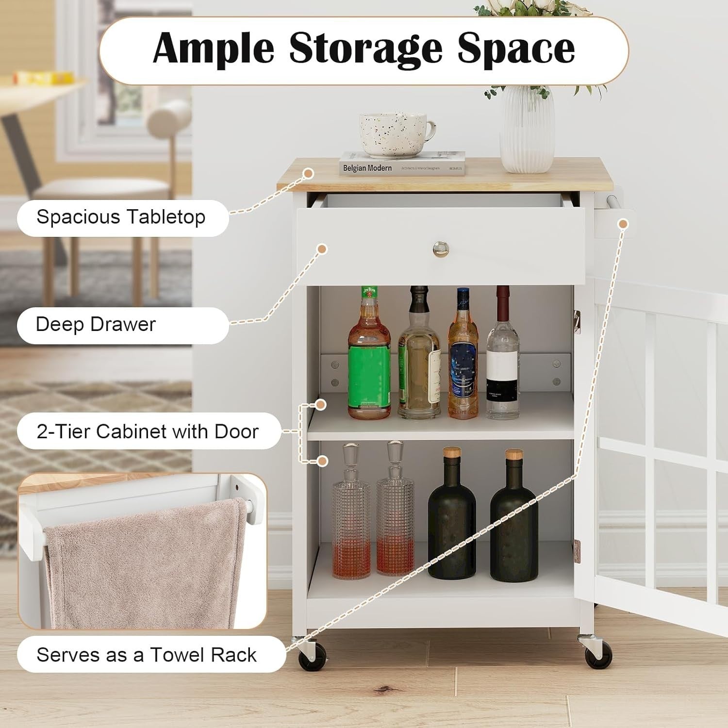 Kitchen Island on Wheels Rubber Wood Top Cabinet