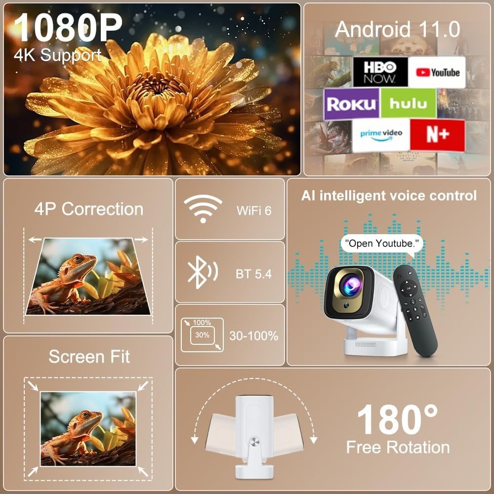 1080P Short Throw Smart Projector WiFi 6 Bluetooth Auto Focus Portable