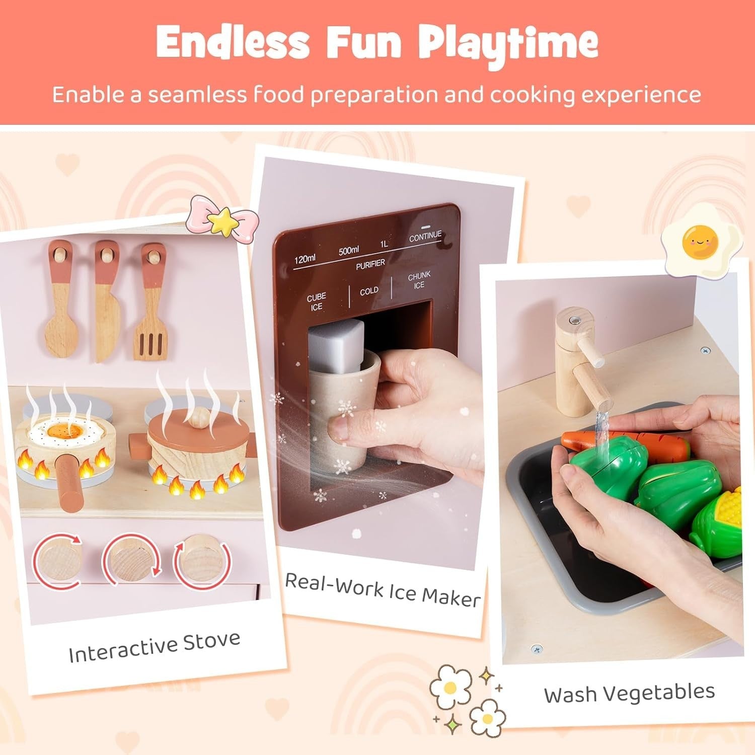 Kids Wooden Play Kitchen w/ Ice Maker Sink Pink Toy Set