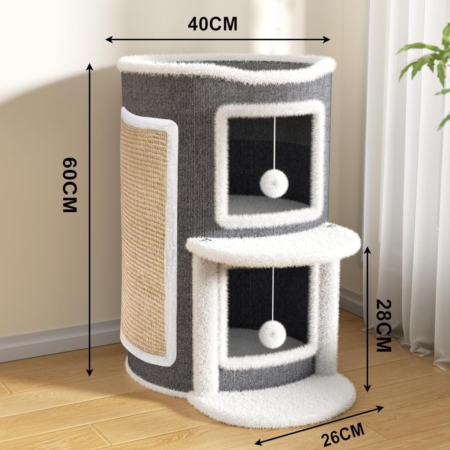 2 Tier Cat House Condo Large Cat Cave Bed w Scratch Pad Hanging Ball