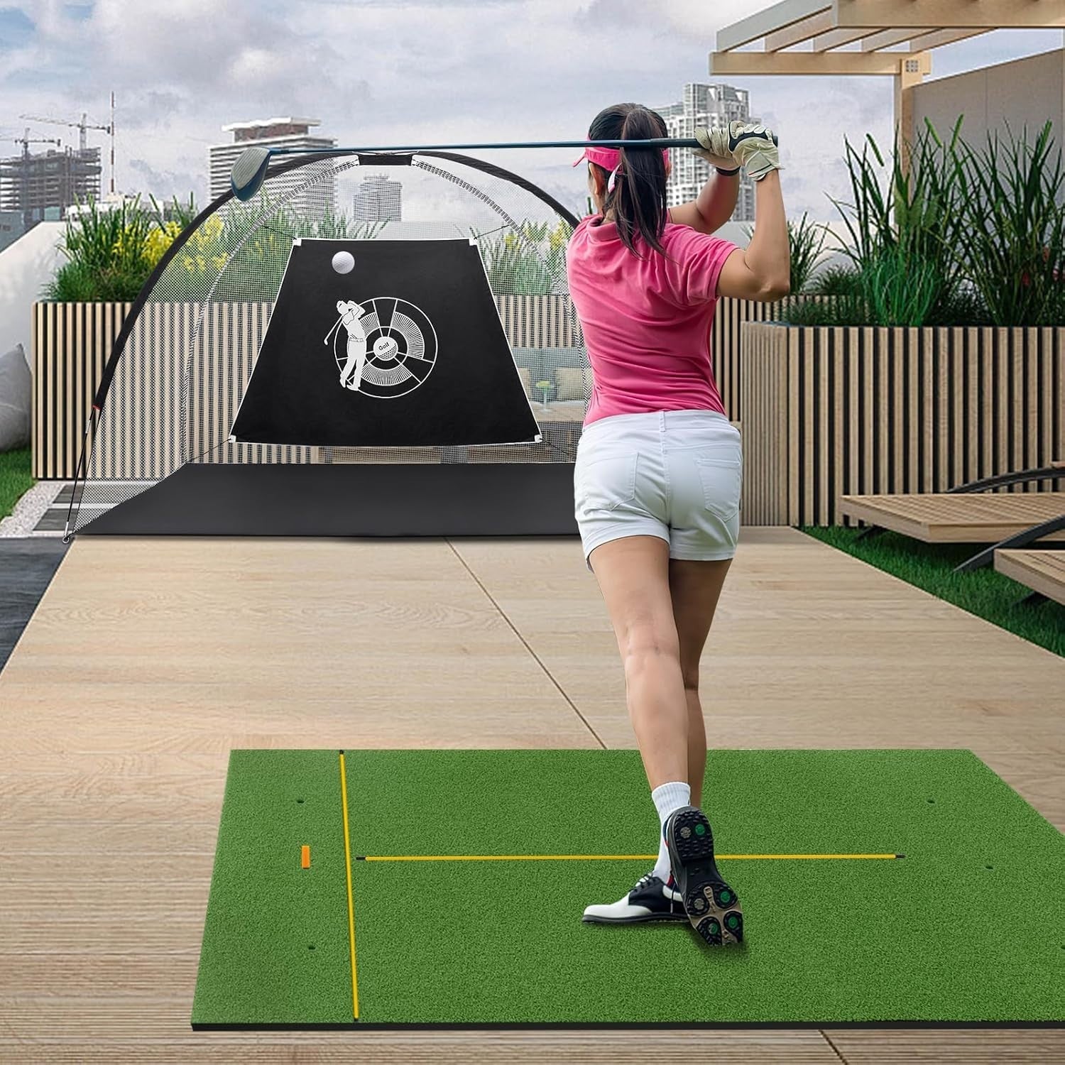 Golf Hitting Mat 5x4ft Practice Turf Alignment Sticks Rubber Tee Indoor