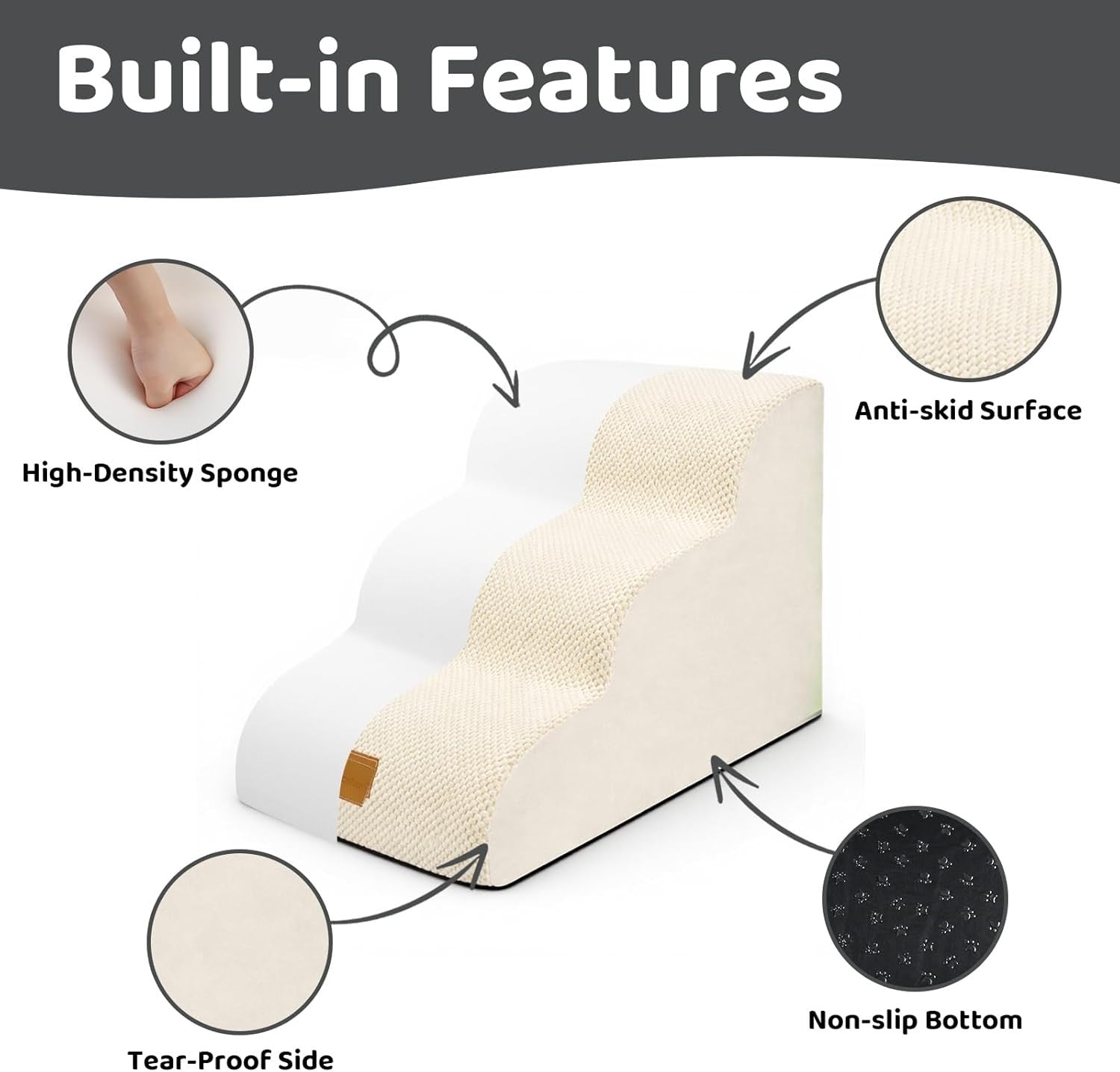Dog Steps for Bed 3-Step Non-Slip Pet Stairs Ladder Foam Ramp with Plush Cover