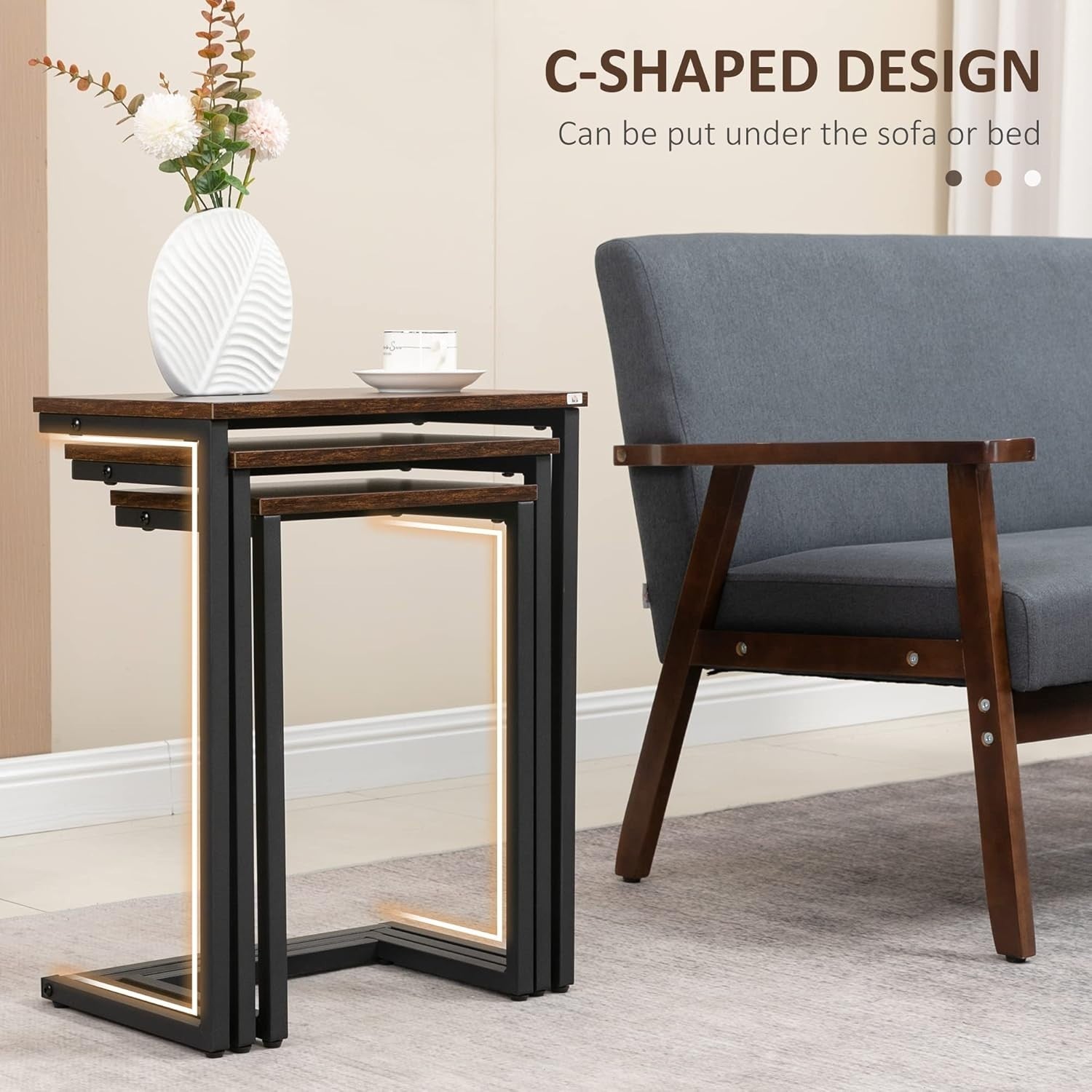 Set of 3 Industrial Nesting Side Coffee Tables C Shaped Sofa End Desk