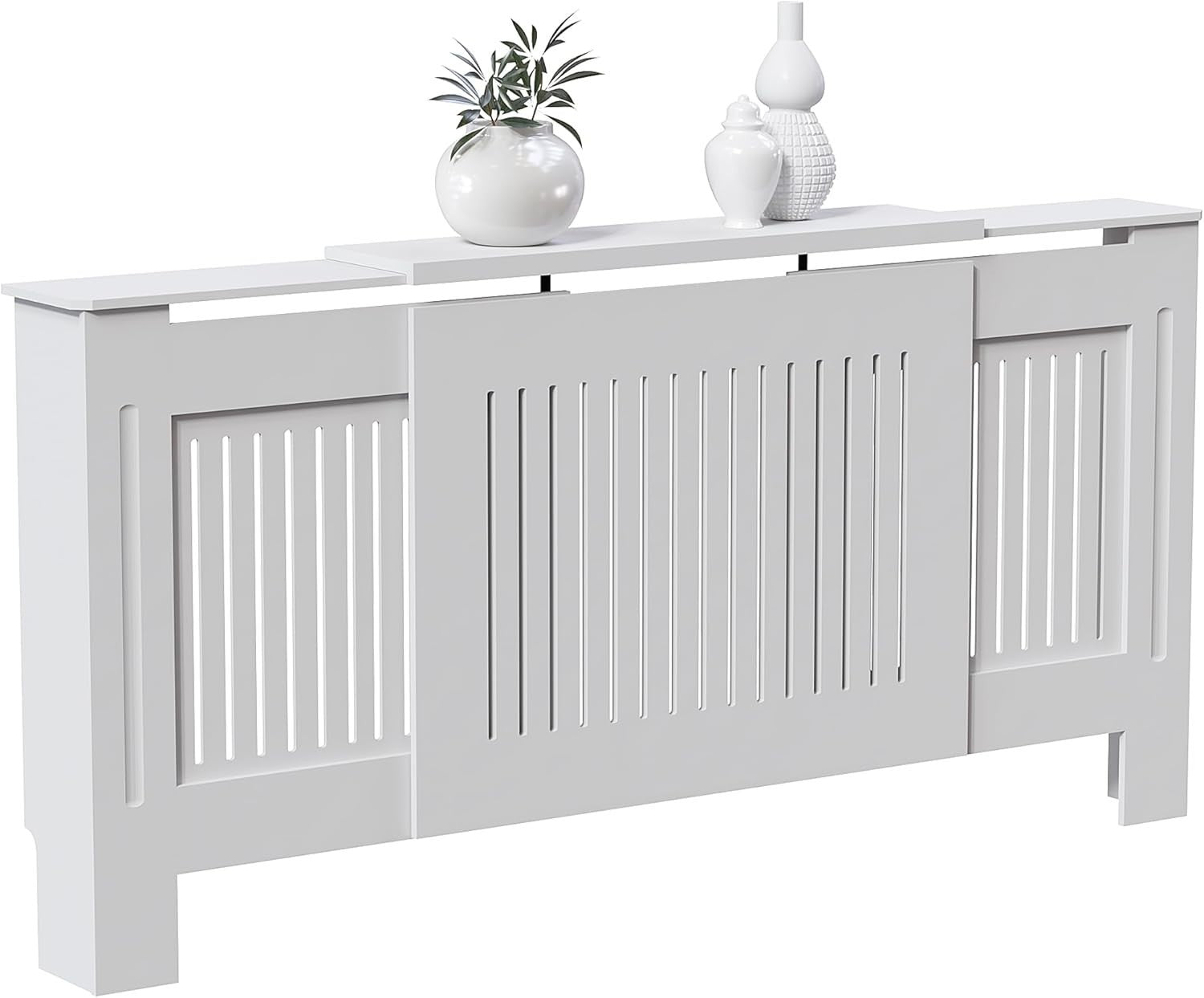 Adjustable White Radiator Cover | Modern Slatted MDF Heater Cabinet with Shelf