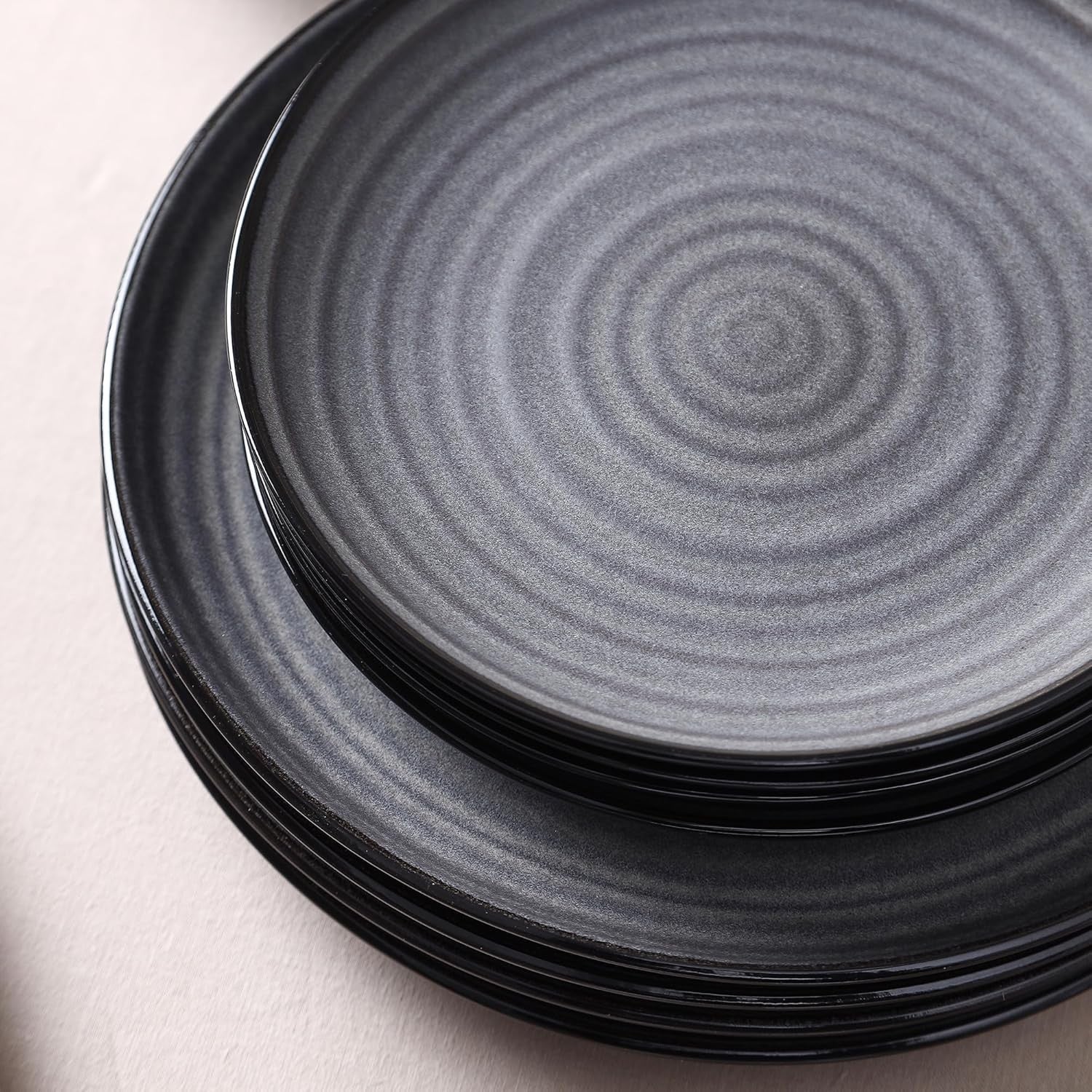 12pc Stoneware Dinner Set Plates Bowls Black Scratch Resistant Modern