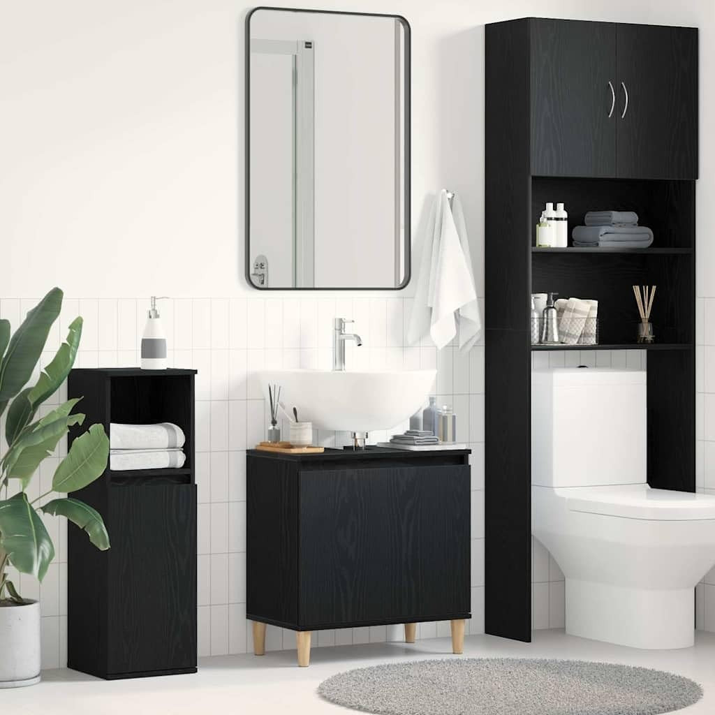 Black Oak Under Sink Bathroom Cabinet – Modern Vanity Storage Unit 58x33x60cm