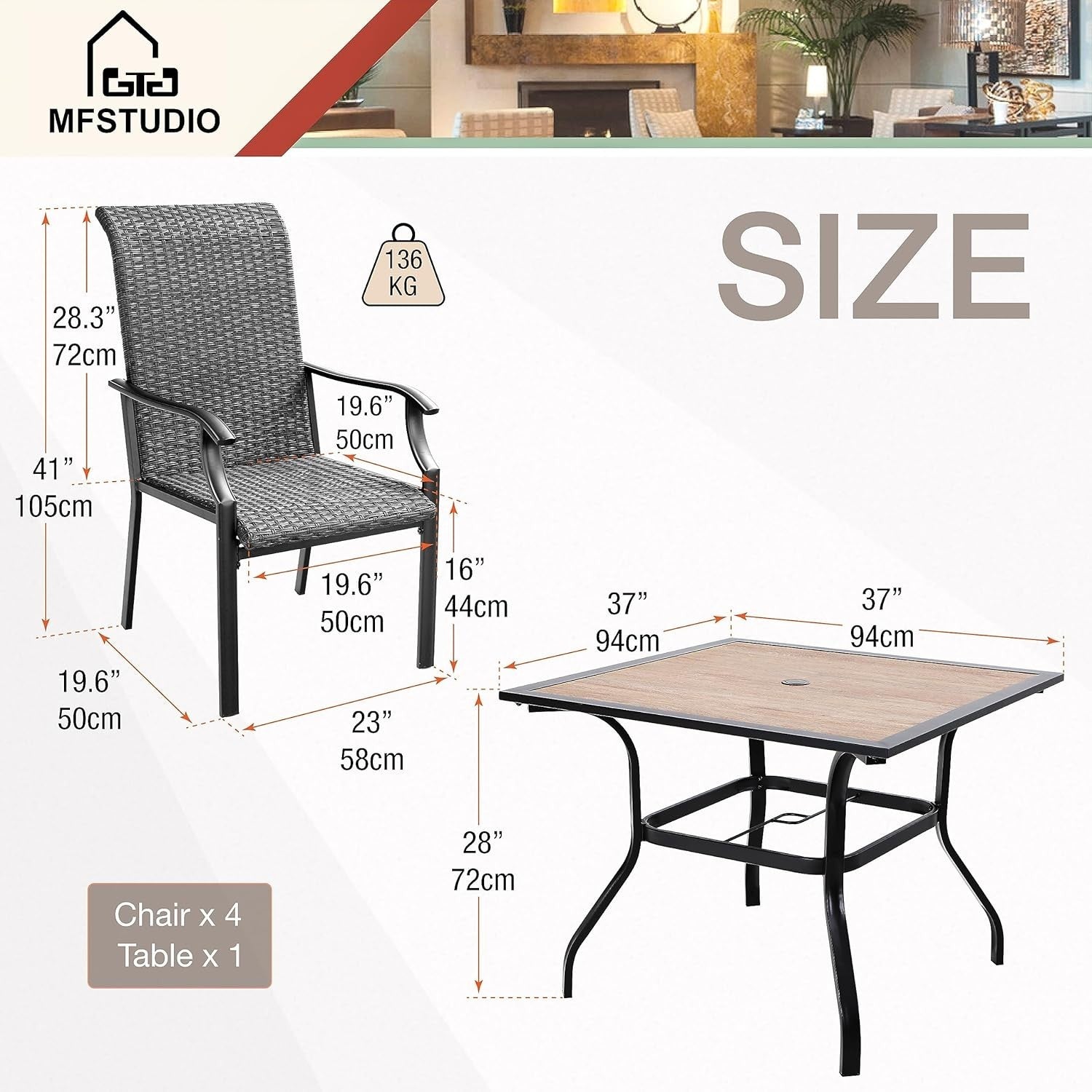 Outdoor 5-Piece Garden Dining Set with Metal Table & Rattan Chairs + Sunshade