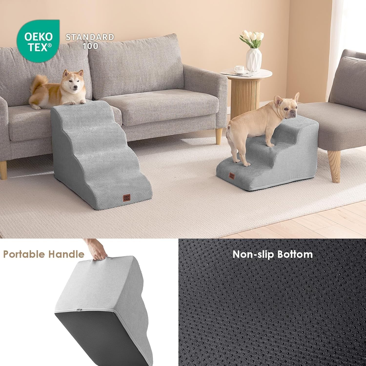 3 Step Dog Stairs for Bed Non Slip Foam Pet Steps Washable Light Grey