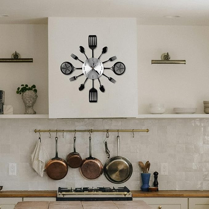 Cutlery Wall Clock Black Modern Kitchen Spoon Fork Spatula Silent 40cm Decor