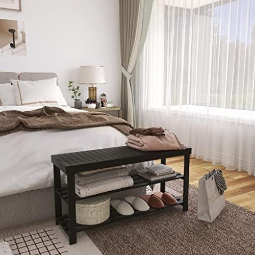 3-Tier Black Bamboo Shoe Rack Bench with Storage Shelf & Modern Design