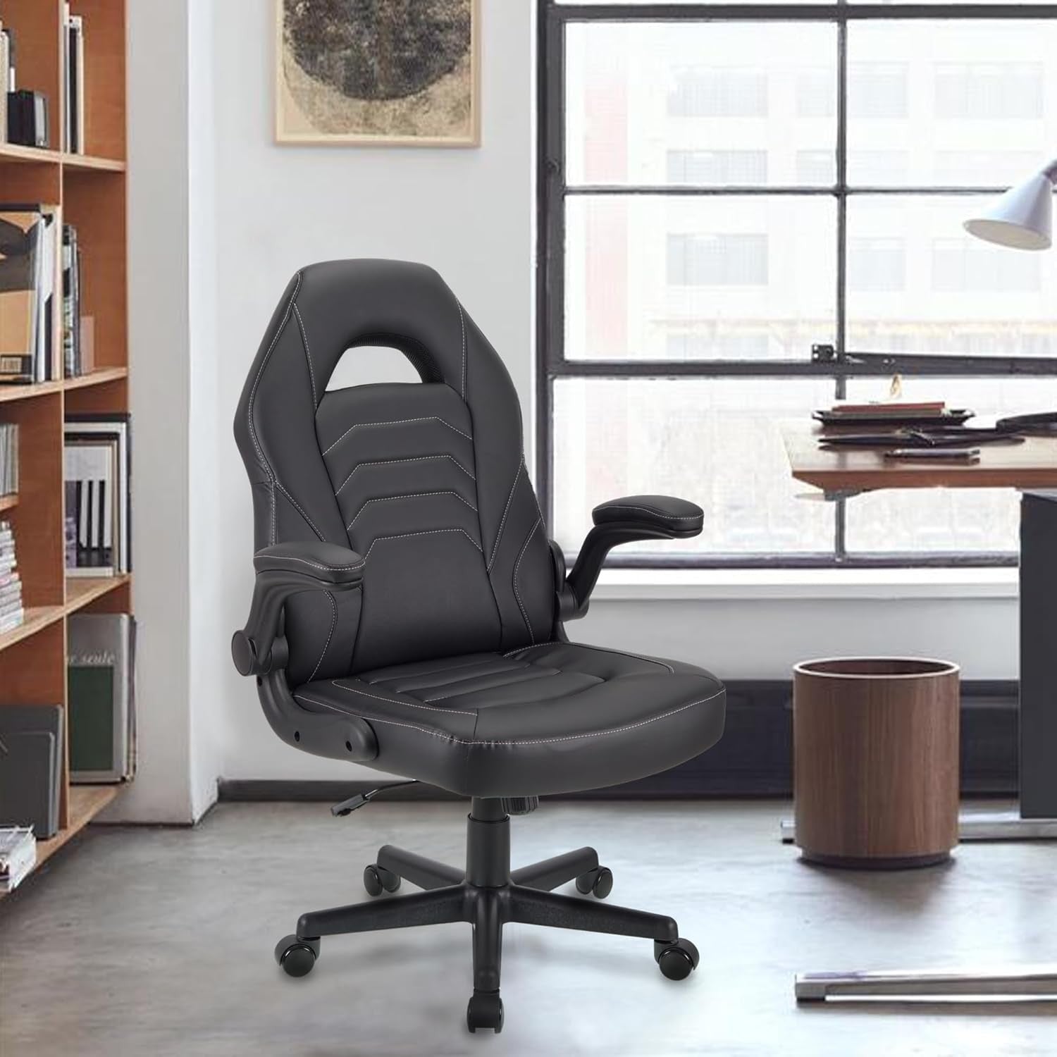 Ergonomic Gaming Chair Flip-Up Arms Faux Leather Black