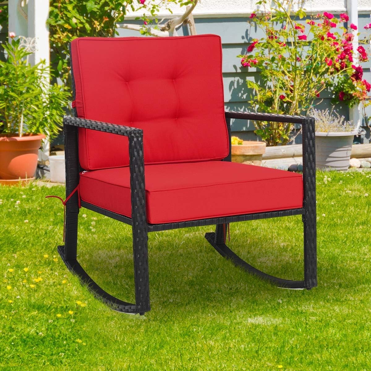 Outdoor Red Rattan Rocking Chair with Cushions & Armrests Patio Glider