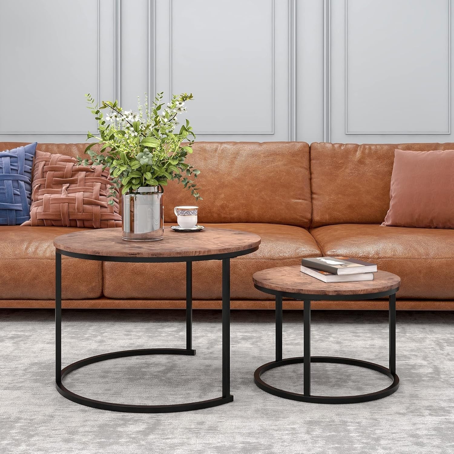 Space Saving Nesting Coffee Tables Set Round MDF Top Metal Frame Modern Black/Br