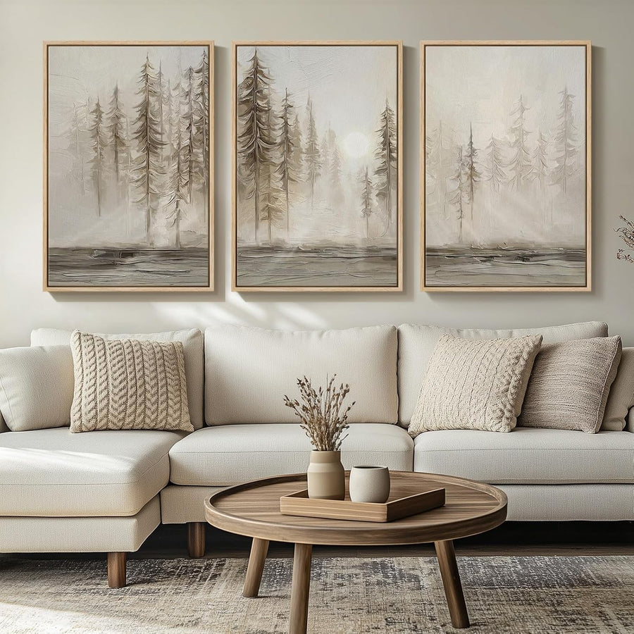 Large Framed Forest Canvas Wall Art Set 3 Nordic 24x36in