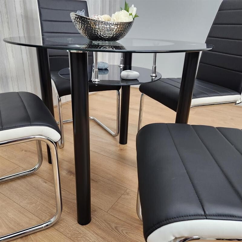 Round Glass Dining Table Set 4 Faux Leather Chairs Modern Kitchen