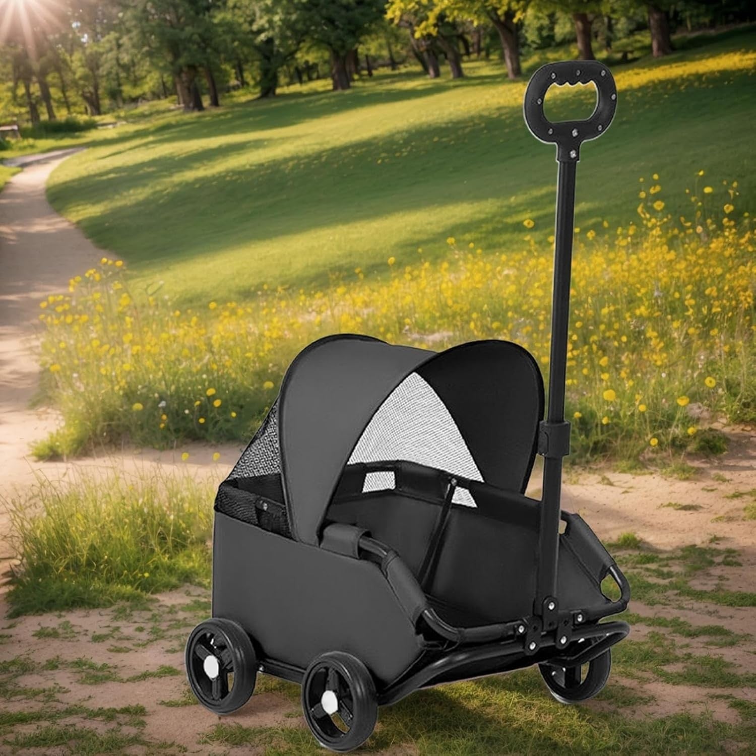 Small Dog Pet Stroller Foldable 4 Wheel Puppy Pram Travel Carrier Black