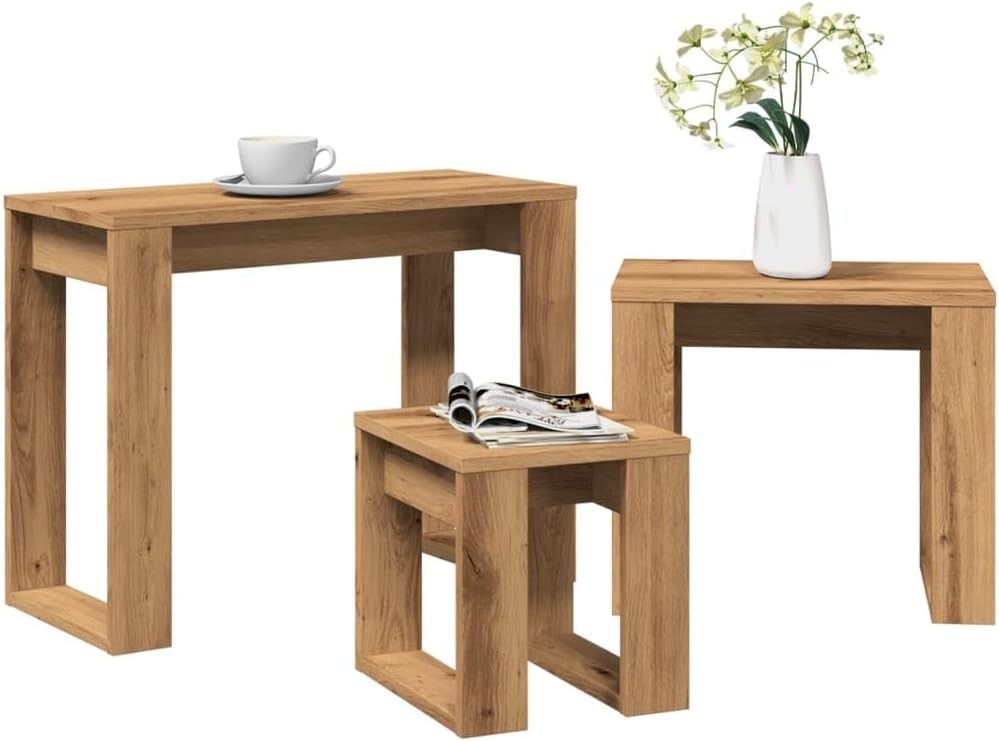 Artisan Oak Nesting Coffee Table End Side Wheel Wood Living Room Set