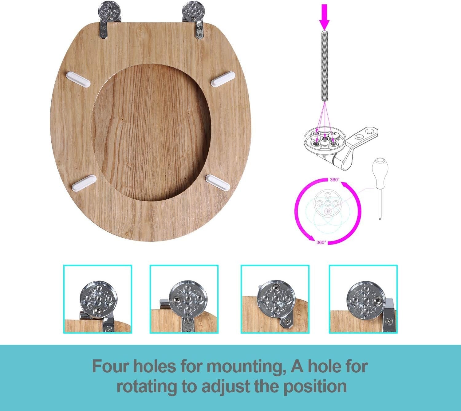 Angel Shield Wooden Toilet Seat Antibacterial Adjustable Hinges Oval Solid Oak