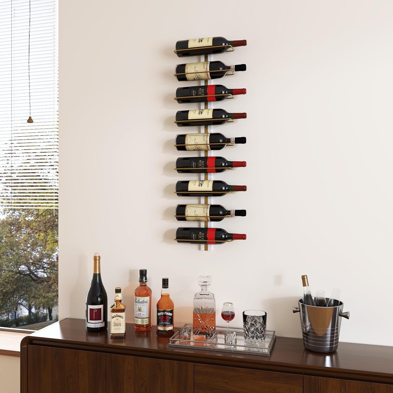 Wall Mounted Wine Rack Metal & Wood Bottle Holder 7-Tier Modern Display Shelf