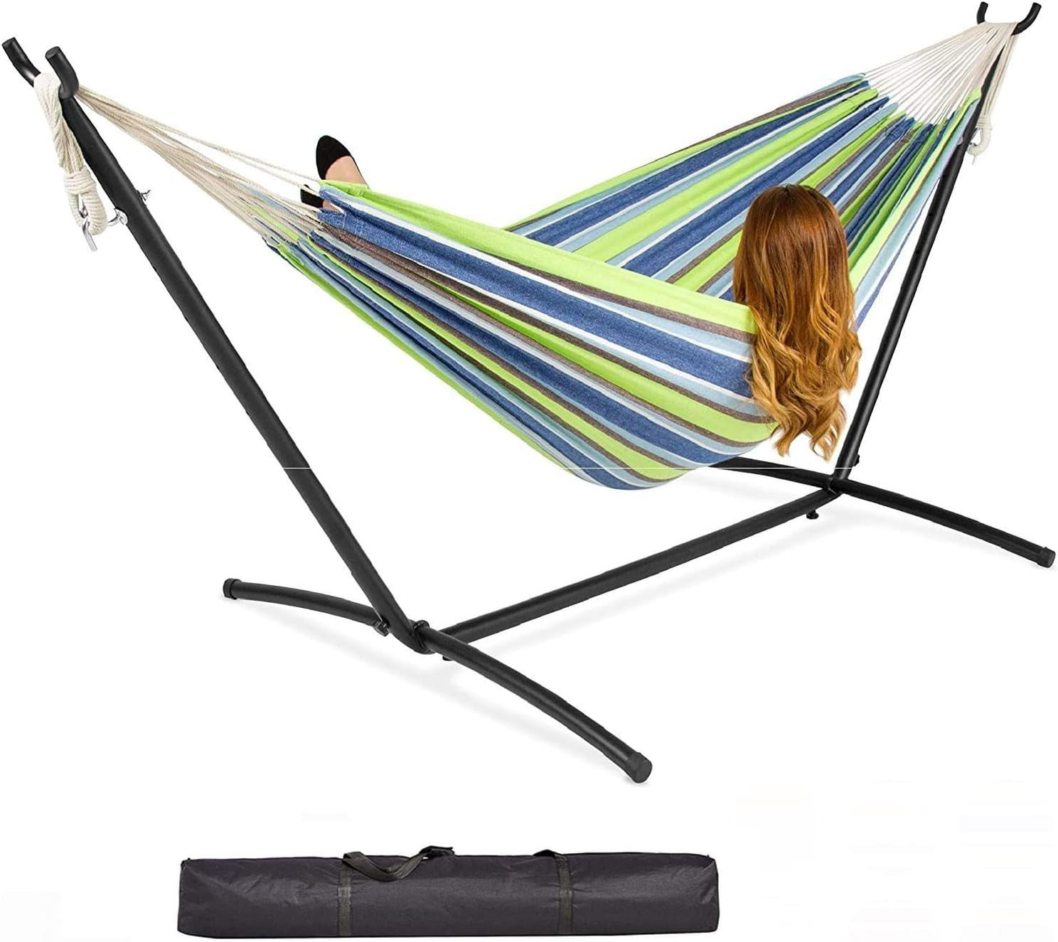 Outdoor Camping Hammock with Steel Stand Portable Cotton Swing Bed