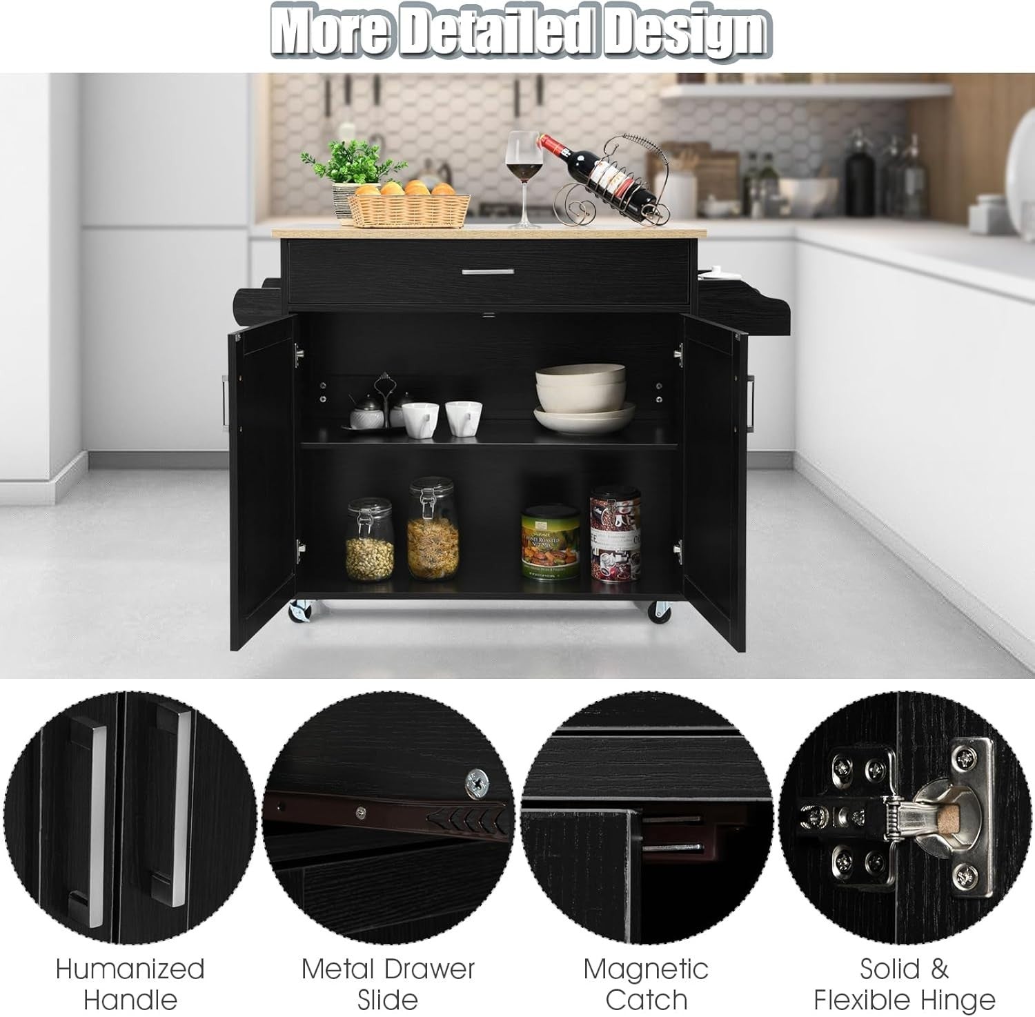 Large Kitchen Island Trolley Drawer Cabinet 116cm Black