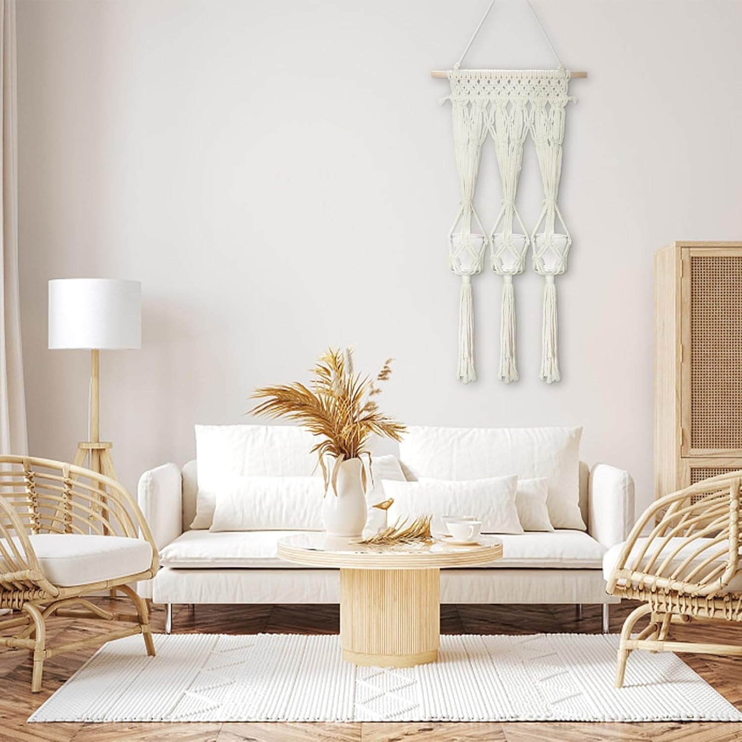 Macrame Wall Hanging with 3 Glass Vases Boho Home Decor