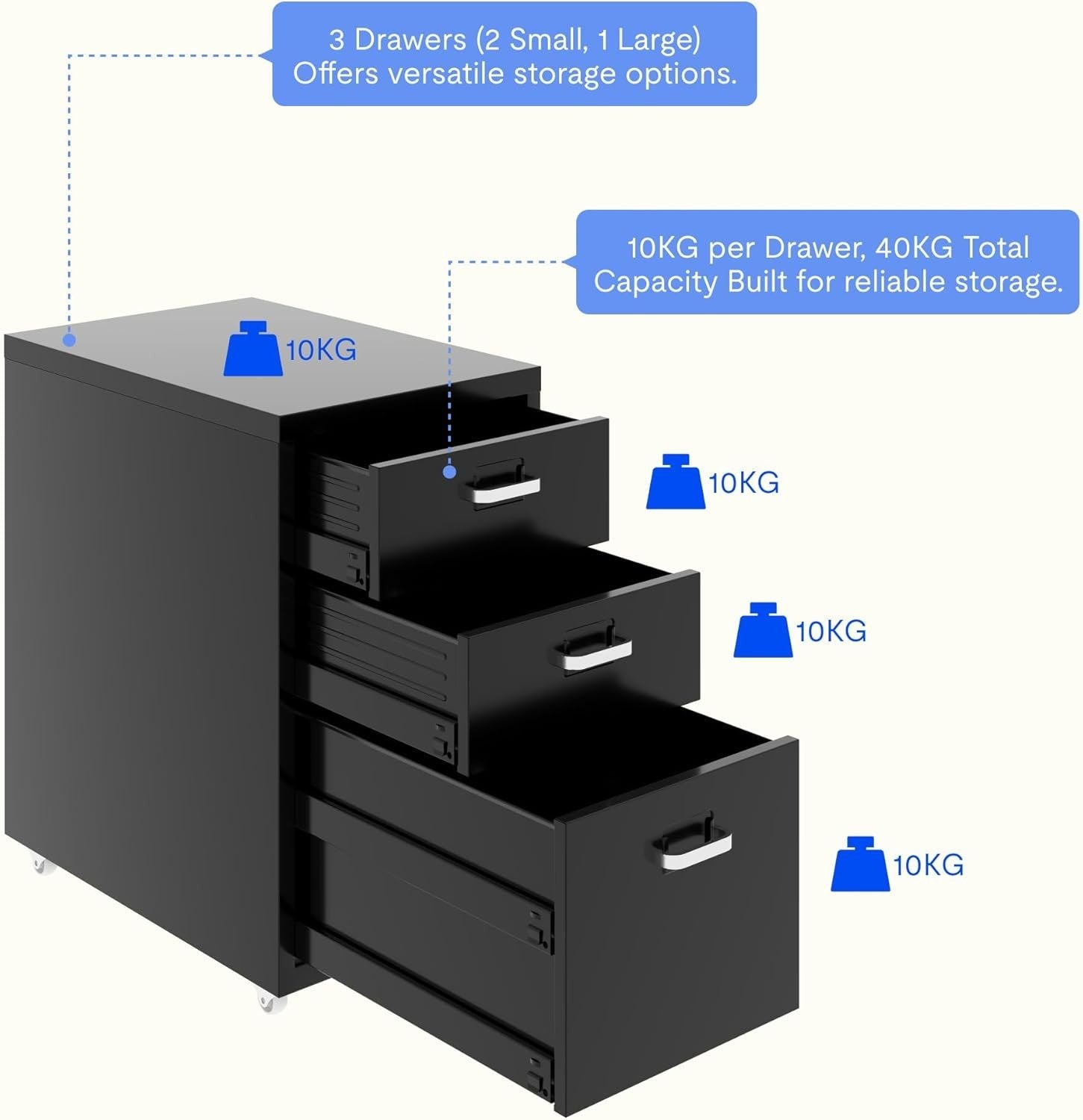 Black Mobile Filing Cabinet 3 Drawer A4 Under Desk Office Storage