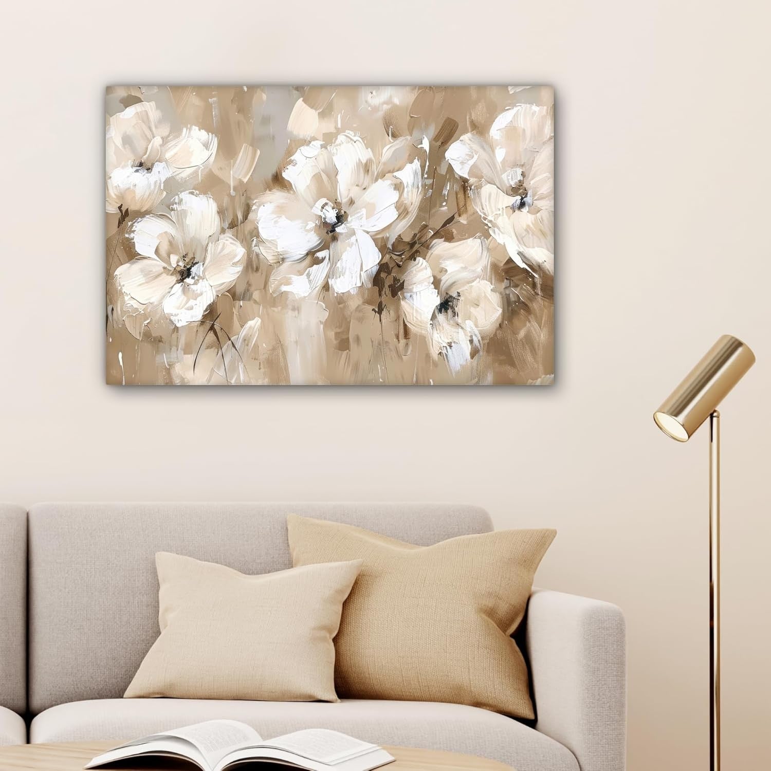 Beige Floral Canvas Wall Art 60x40cm Framed Modern