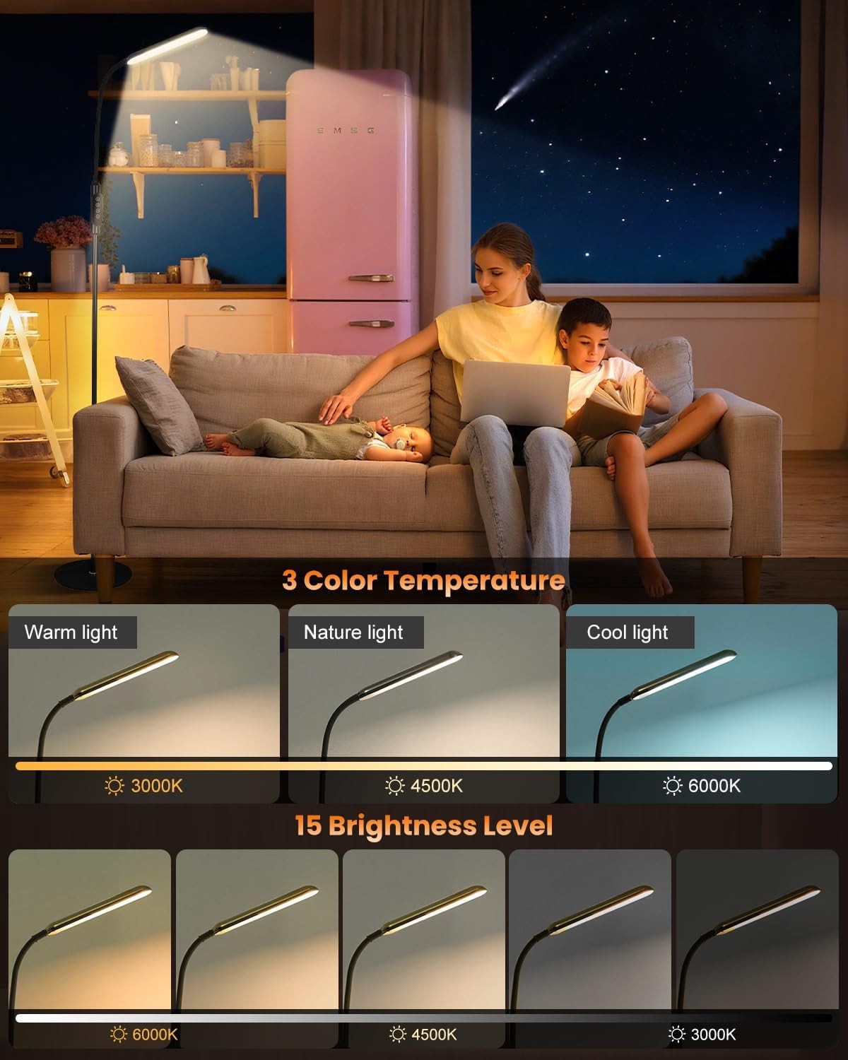 LED Floor Lamp Reading Light Remote Touch Dimmable Gooseneck Standing Lamp