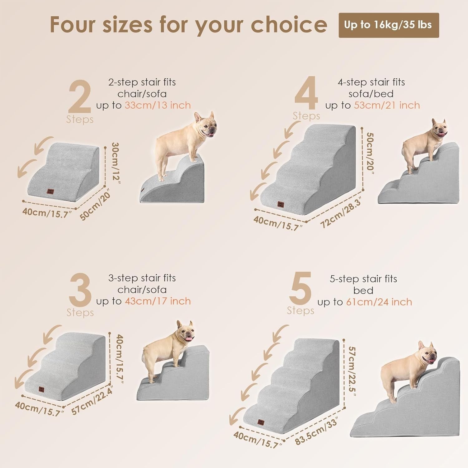 2 Step Dog Stairs for Sofa Non Slip Foam Pet Steps Washable Light Grey