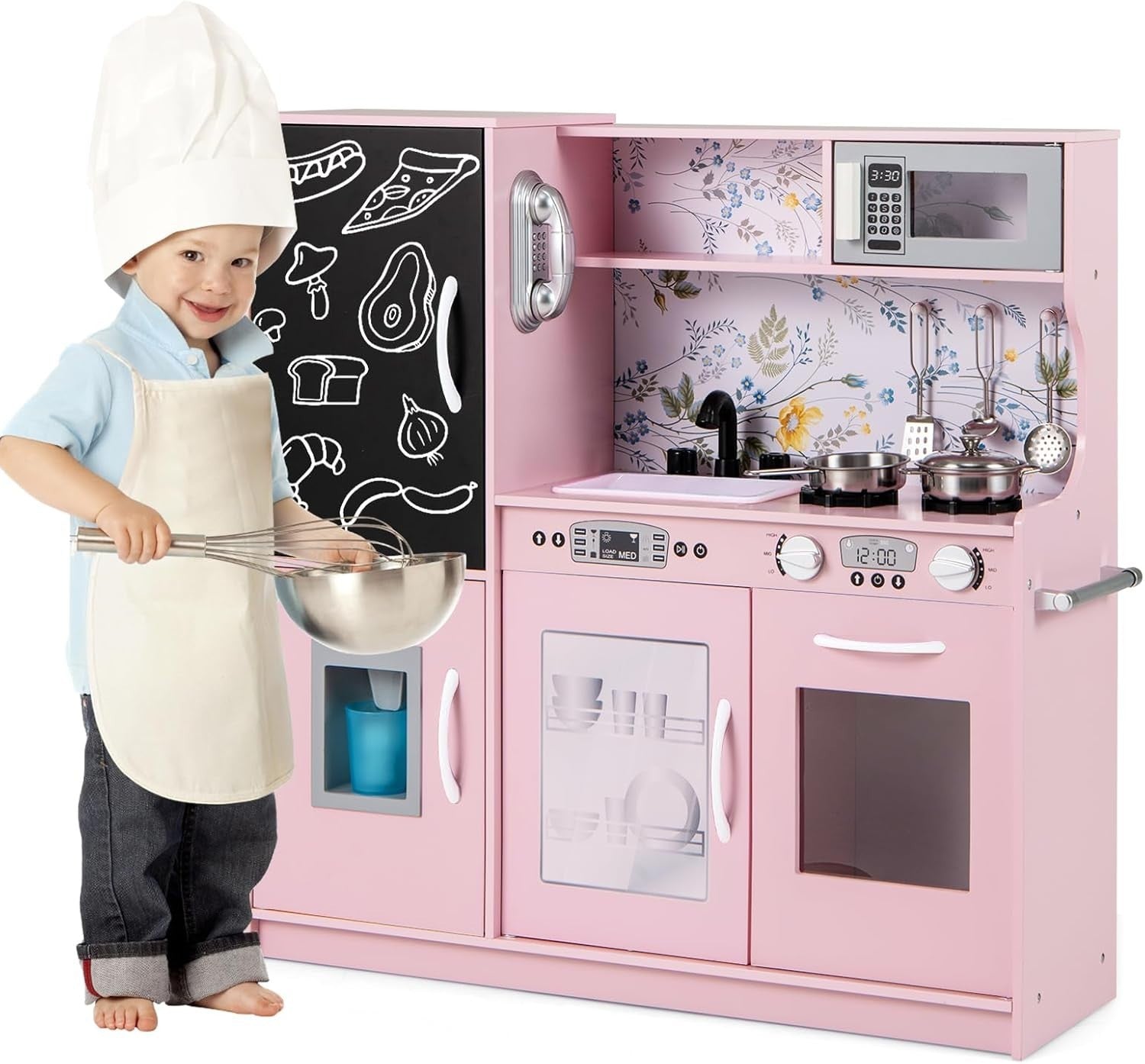 Wooden Kids Play Kitchen Pink Ice Maker Cooker Toy Set w Accessories