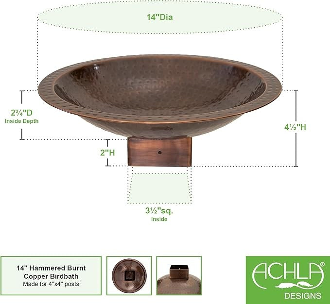 14" Hammered Copper Bird Bath Bowl – Outdoor Garden Feeder for 4x4 Post