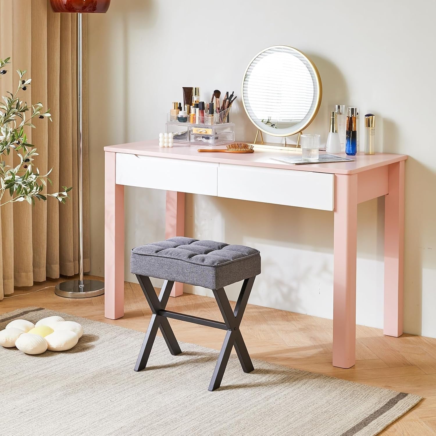 Dark Grey Linen Makeup Stool with X-Leg Base – Square Vanity Footrest