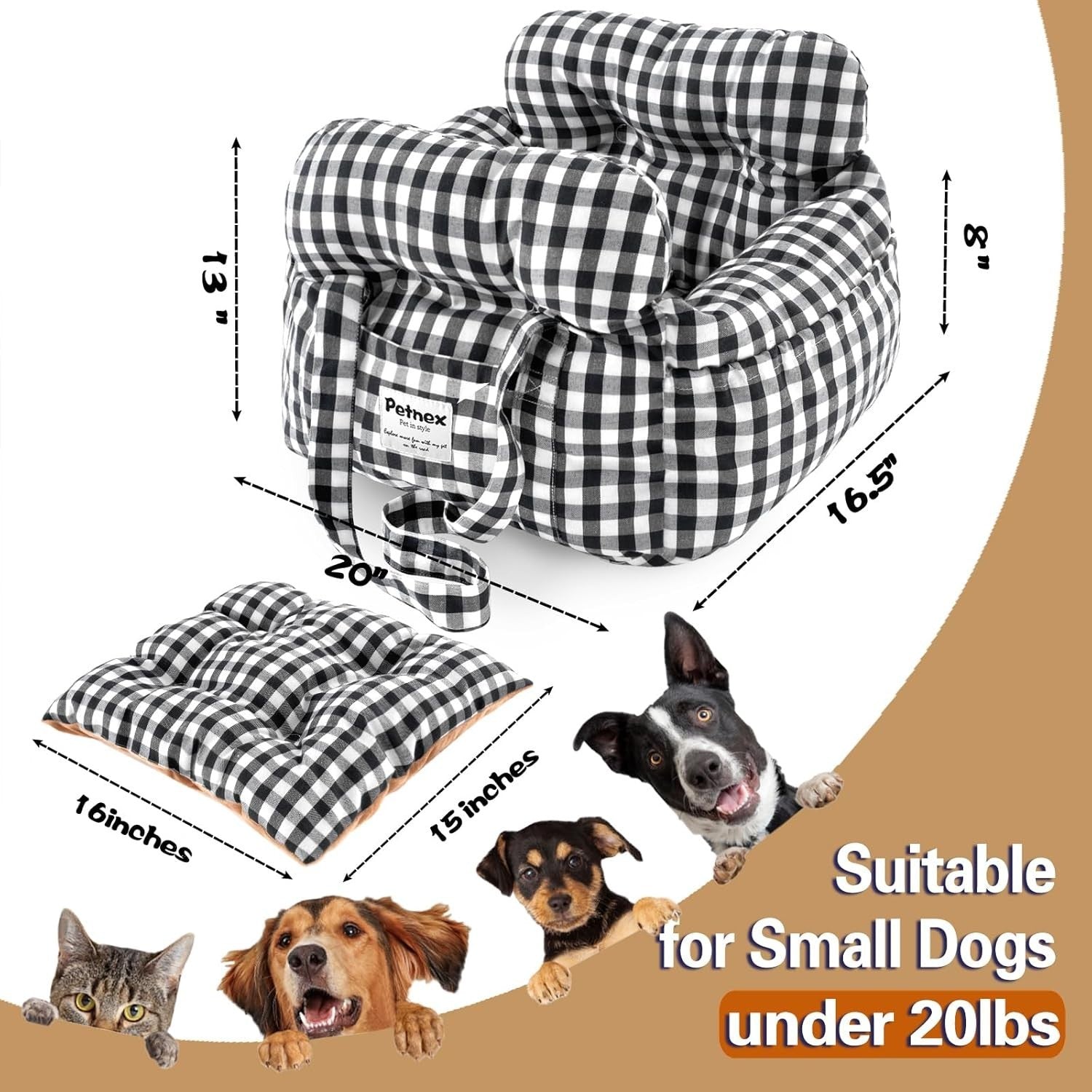 Dog Booster Seat Travel Carrier Bed Safety Leash Small Dogs Checkered