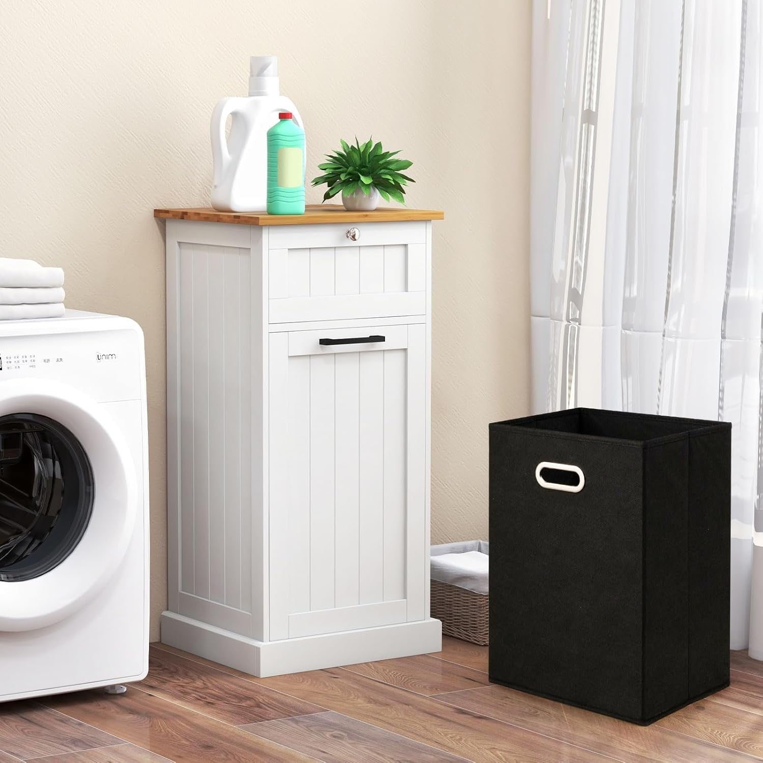Tilt-Out Laundry Cabinet 30L With Drawer Modern Bathroom Storage White