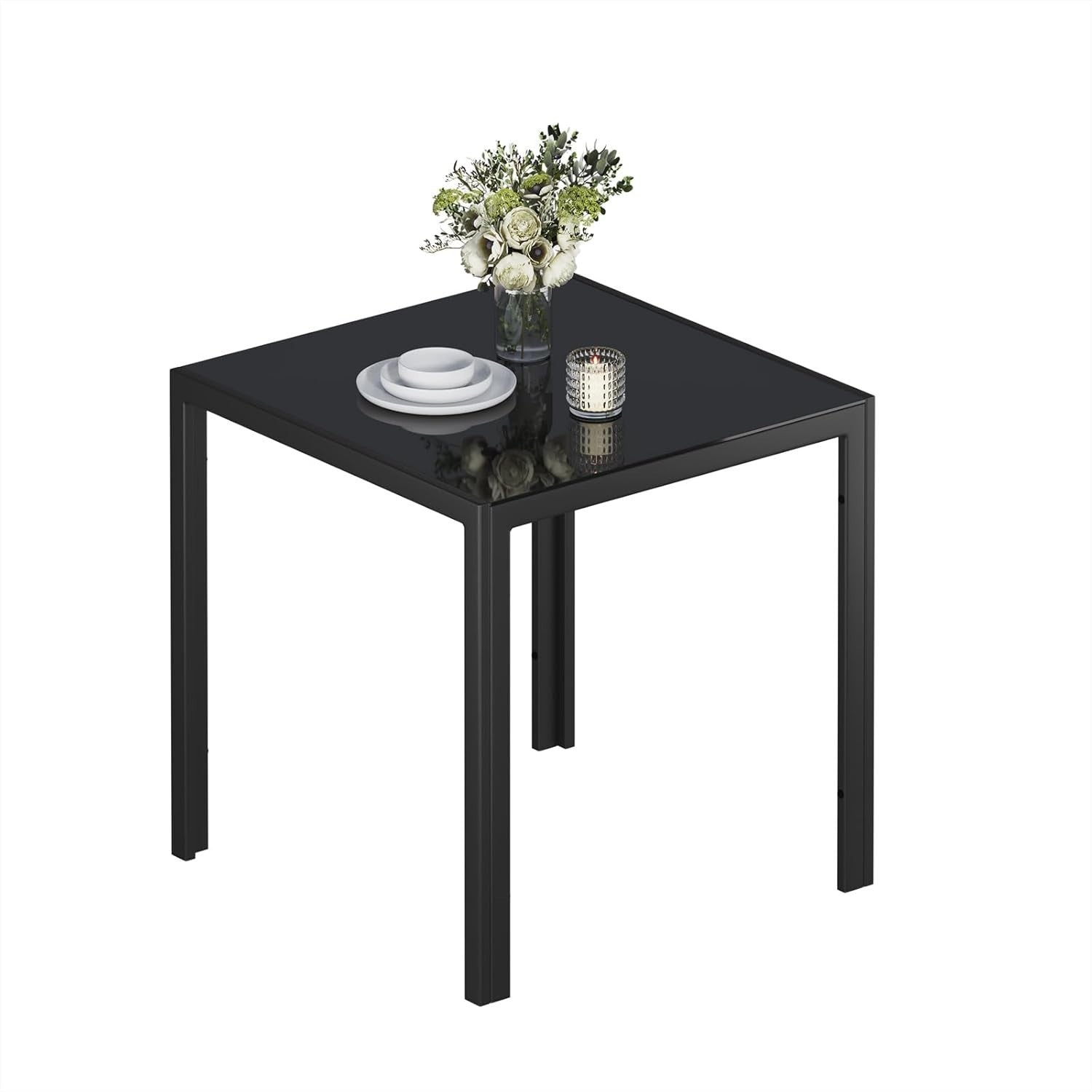 75cm Square Glass Dining Table Black Tempered Metal Frame Kitchen Table