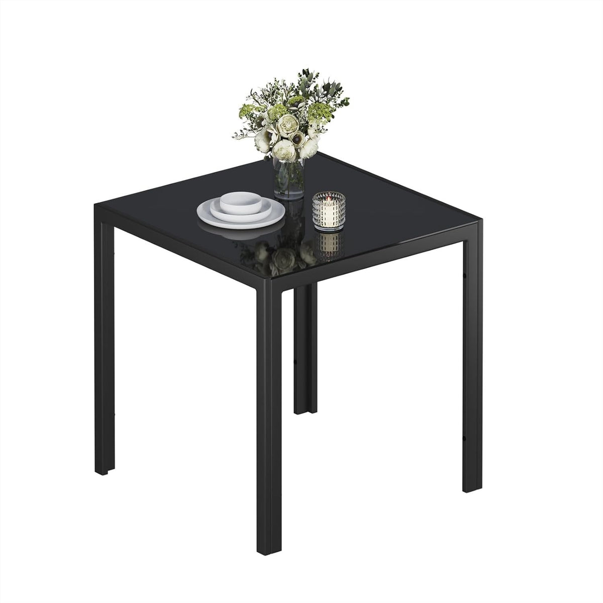 75cm Square Glass Dining Table Black Tempered Metal Frame Kitchen Table