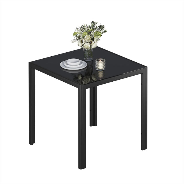 75cm Square Glass Dining Table Black Tempered Metal Frame Kitchen Table