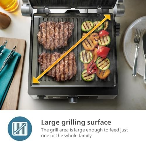 2200W Contact Grill Non-Stick Plates Adjustable Temp & Height Flat Open