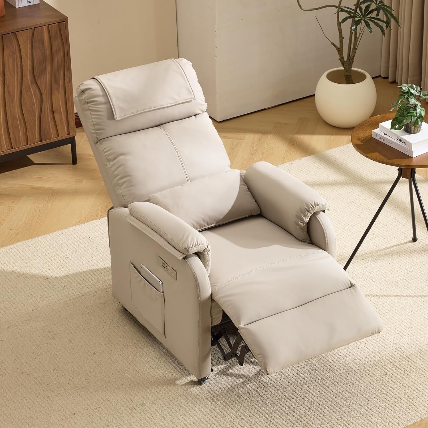 Electric Recliner Chair w/ Wheels Massage Heat Back Footrest Leather Pearl Grey