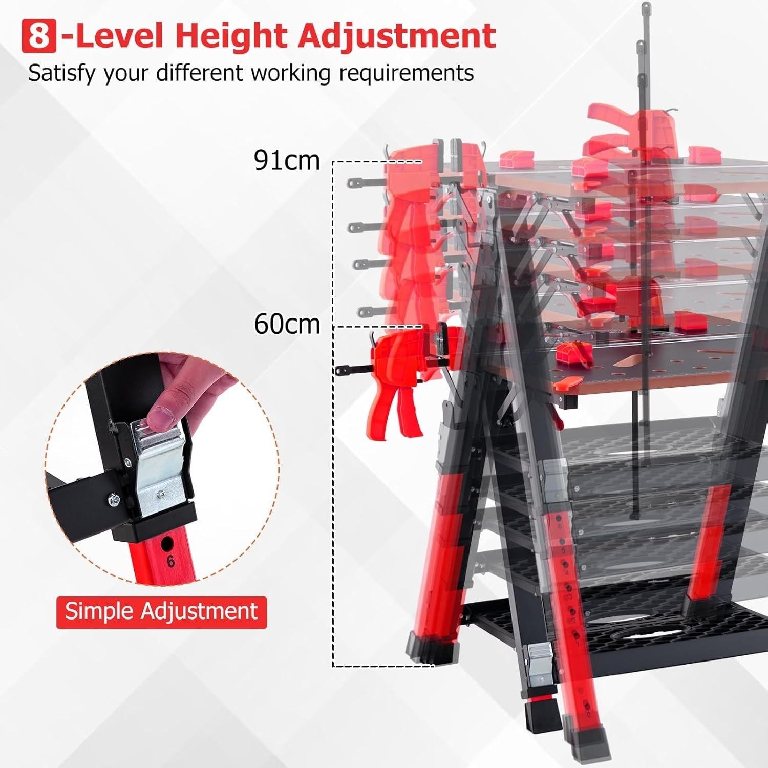 Folding Workbench 2-in-1 Sawhorse Table 8-Height Adjustable 450kg Capacity Red