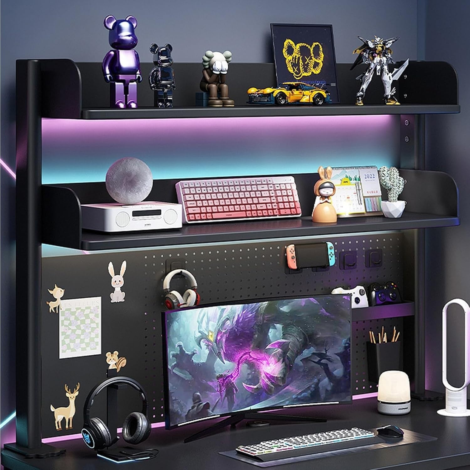 Clamp-On Desk Organizer Shelf 2-Tier Pegboard Workstation Rack 60cm Black