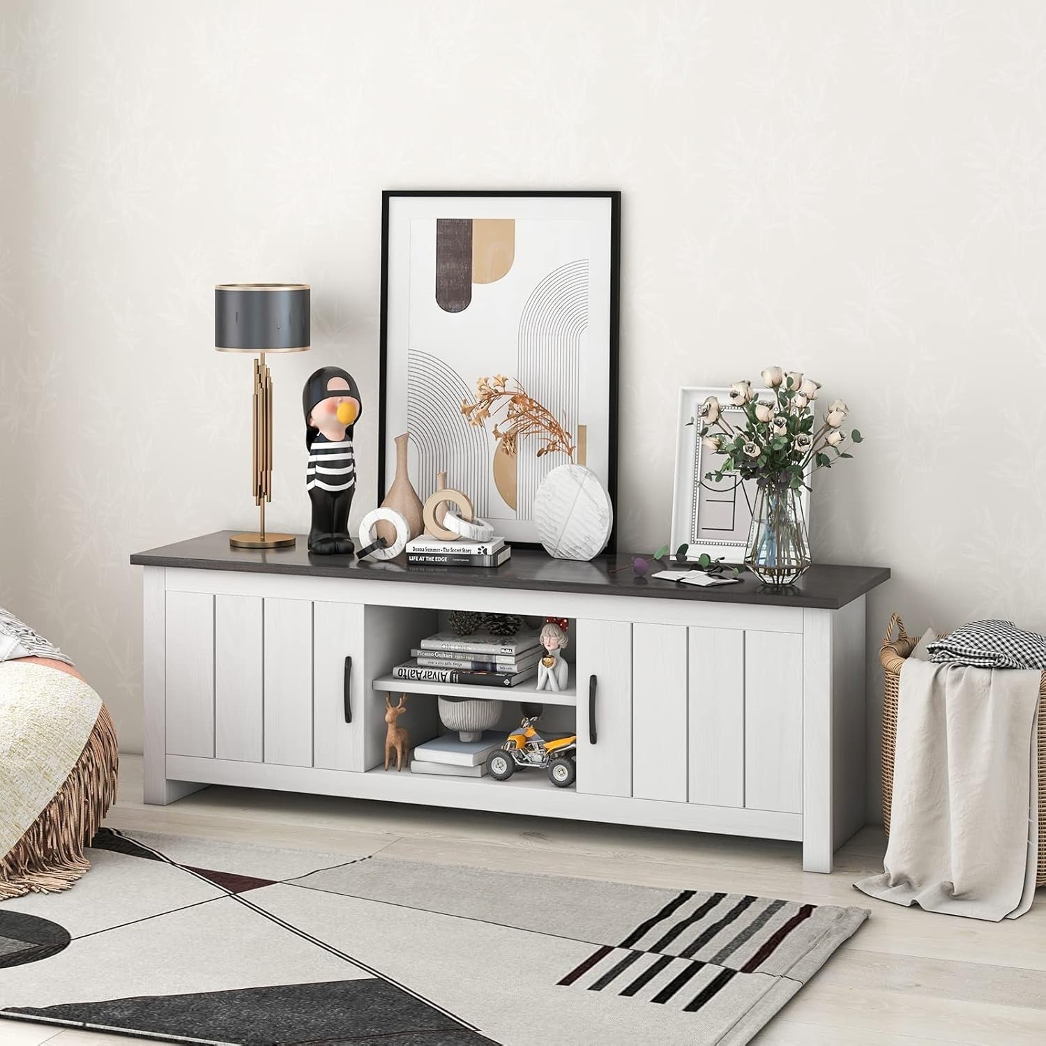 Wooden TV Stand for TVs up to 65" with Storage Shelves & Cable Management