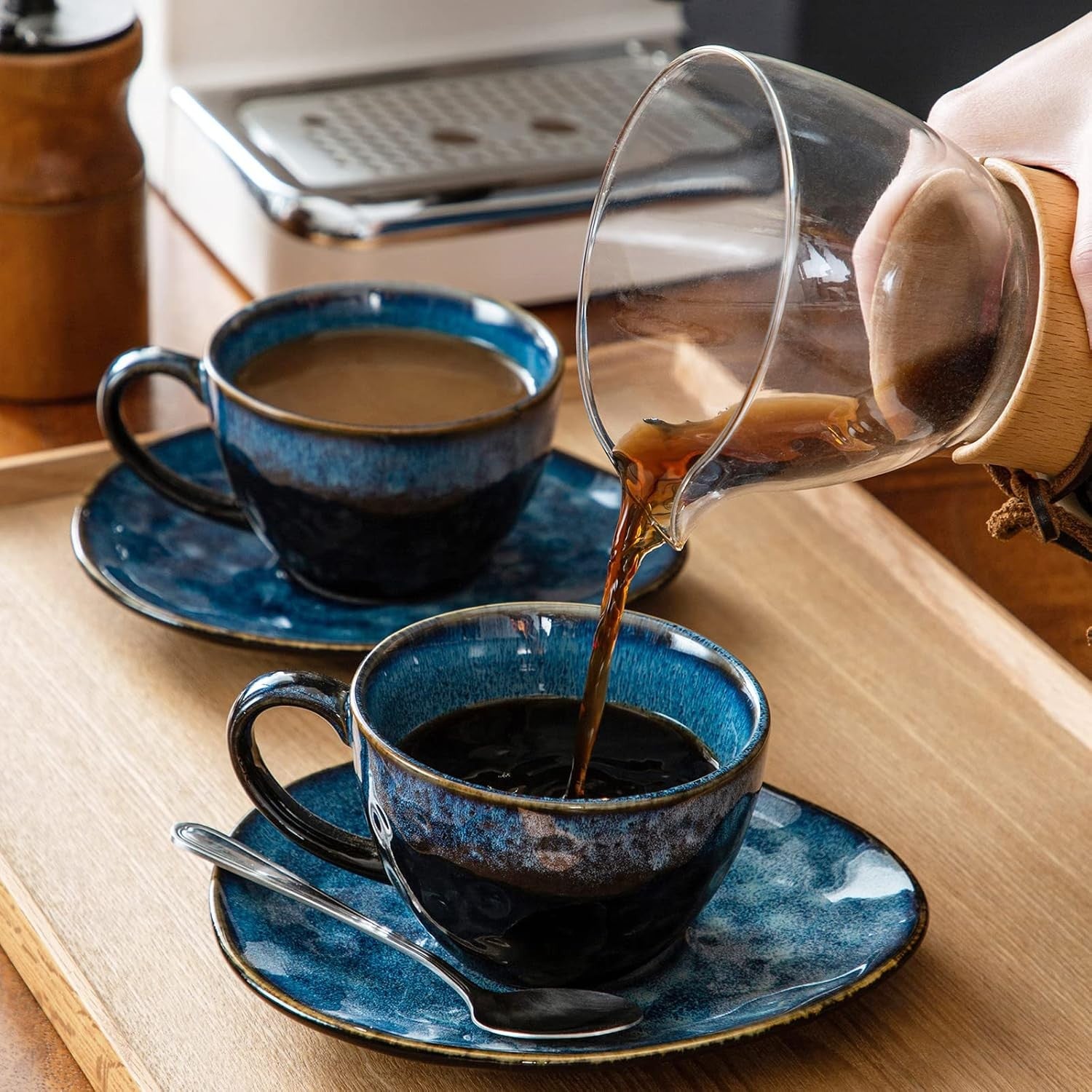 8pc Ceramic Coffee Cup & Saucer Set 270ml Blue Espresso Tea Cups