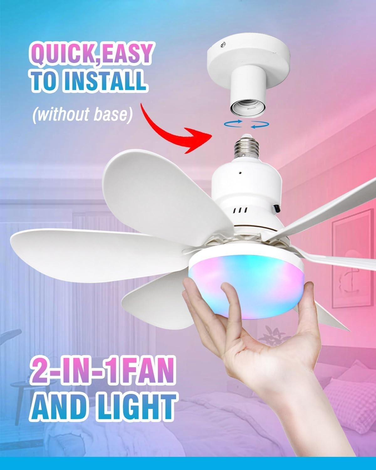 52cm Ceiling Fan Light, RGB Dimmable LED, 3 Speeds, E27 Base, Remote