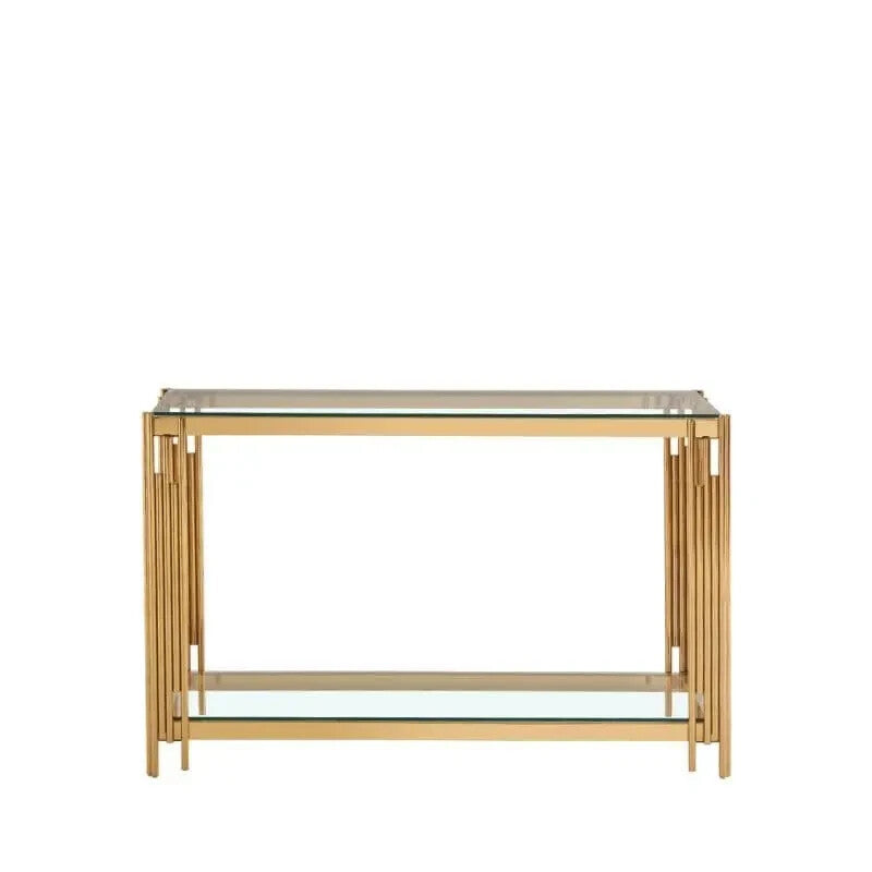 Gold Glass Console Table Modern 2 Tier Entryway Shelf Steel Frame